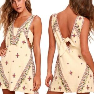 Free People Never Been Beige Plunging Neckline Embroidered Boho Mini Dress XS